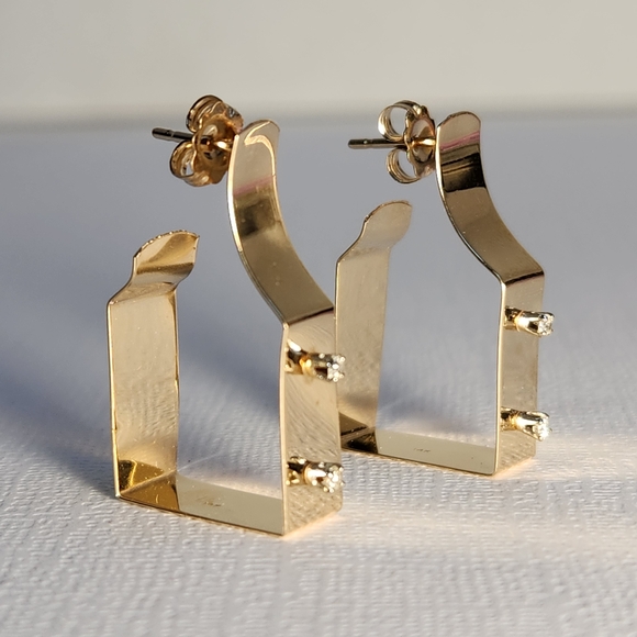 Rare Mid 80s 14K Gold Modernist Geometric Hoop & Diamond Stud Earrings 3.30g - Picture 1 of 16